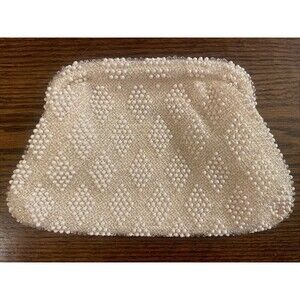 Vintage 50's Lumured Ivory Corded Bead Clutch Purse Designer Diamond Stitch